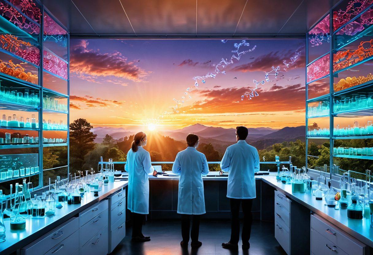 A radiant sunrise symbolizing hope, with diverse scientists collaborating in a lab filled with advanced technology and glowing petri dishes. Include a backdrop of DNA strands intertwined with nature, representing the fusion of science and life. Add subtle hints of cancer cells being targeted by innovative treatments, conveying progress in research. The atmosphere should exude positivity and inspiration. super-realistic. vibrant colors. 3D.
