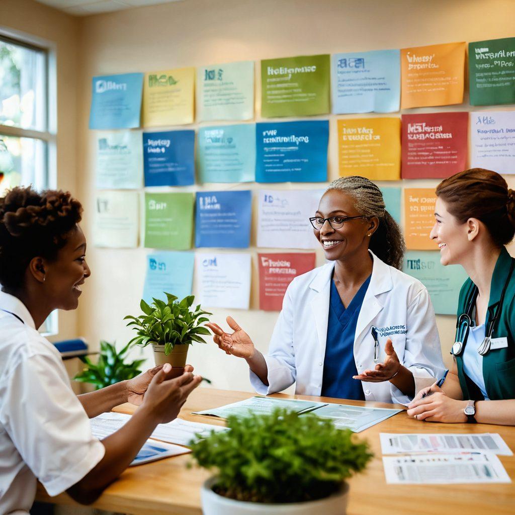 A compassionate healthcare professional guiding a diverse group of patients in a supportive environment, surrounded by colorful resources like pamphlets and digital screens displaying uplifting messages. The backdrop features soft natural lighting symbolizing hope, with a hint of green plants to represent healing. Emotionally resonant and informative atmosphere. vibrant colors. super-realistic.