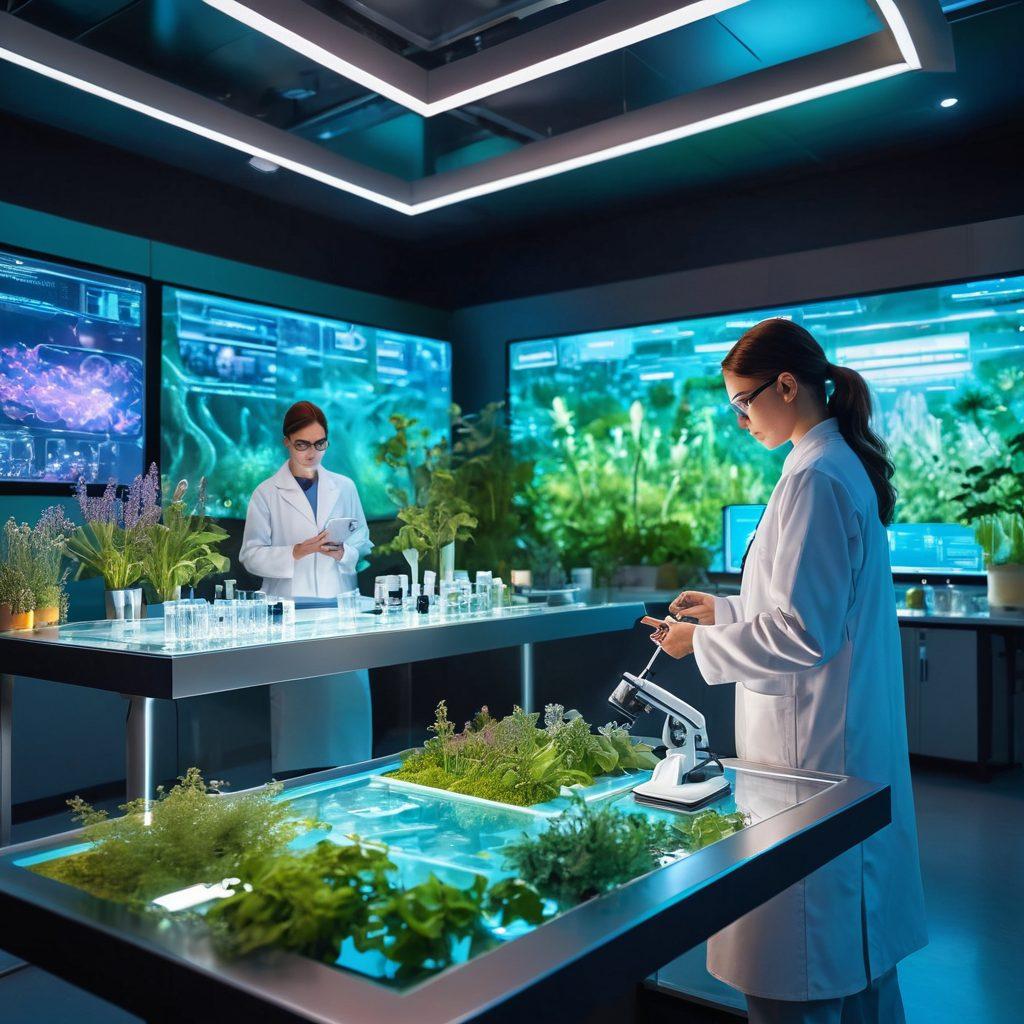 A vibrant and dynamic scene depicting a futuristic laboratory filled with innovative medical equipment and researchers examining biological samples. In the foreground, show a diverse team of scientists collaborating over a holographic display showcasing therapy advancements. In the background, blend elements of nature like plants and healing herbs, symbolizing the connection between innovation and life. Use bright, engaging colors to convey hope and progress. super-realistic. vibrant colors.